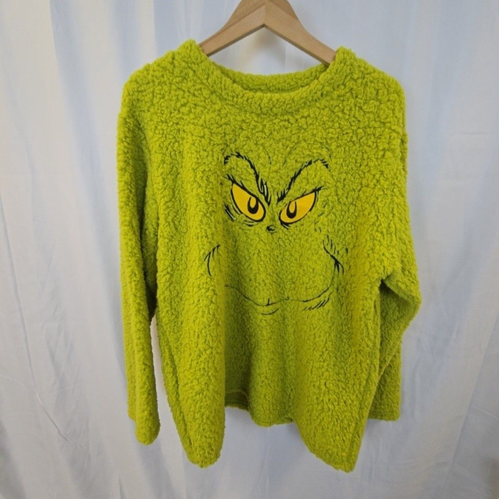 The Grinch Pajama Top Womens Large Green Fleece Graphic Long Sleeve Sleepwear